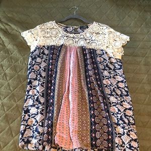 Navy & Pink Top with White Lace Detail